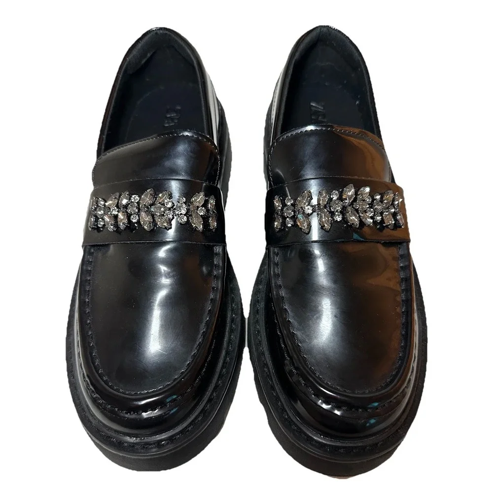 ZARA Women Chunky Black Faux Patent Leather Rhinestone Loafers US 7.5 EU 38 NEW